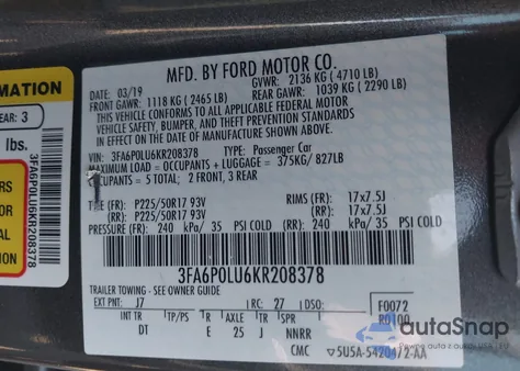 2019 Ford Fusion Hybrid Se z USA, uszkodzony, nr VIN 3FA6P0LU6KR208378